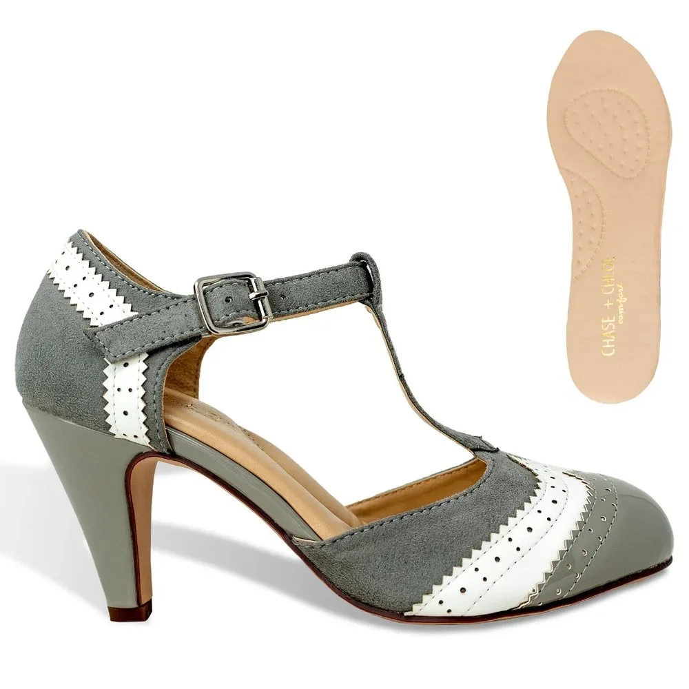 Chase & Chloe Kimmy-66 Closed Toe T-Strap Two Tone Oxford Pumps - Picture 1 of 5